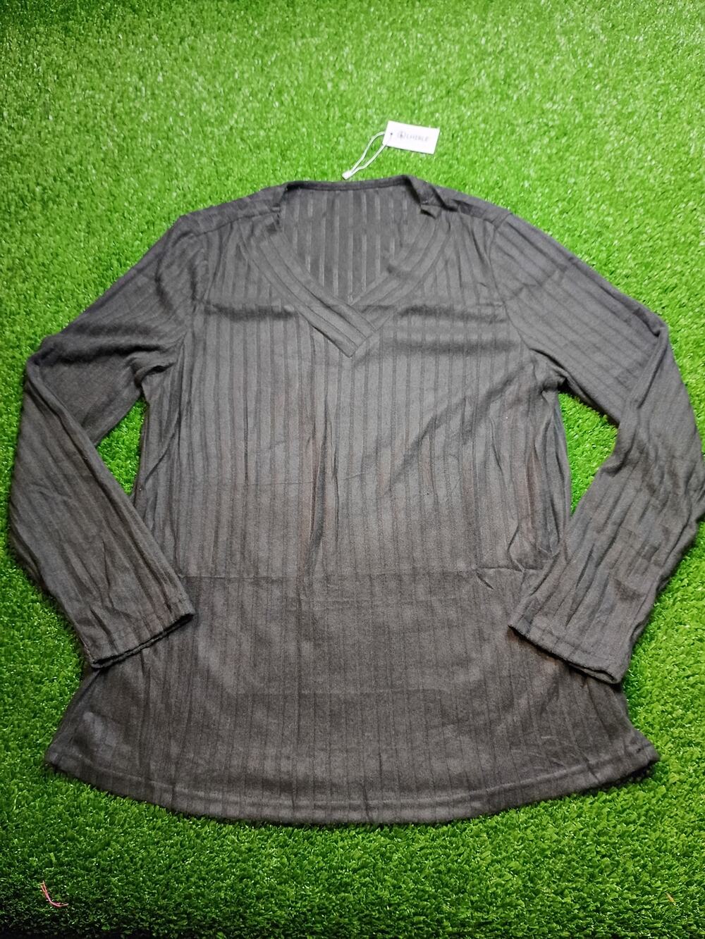Black Vertical Ribbed V-Neck Long Sleeve Top - Size M
